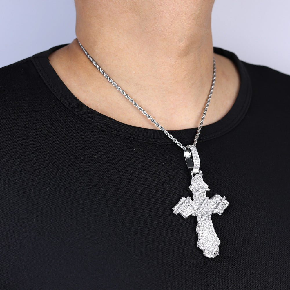 Hip-hop full diamond thorny cross necklace