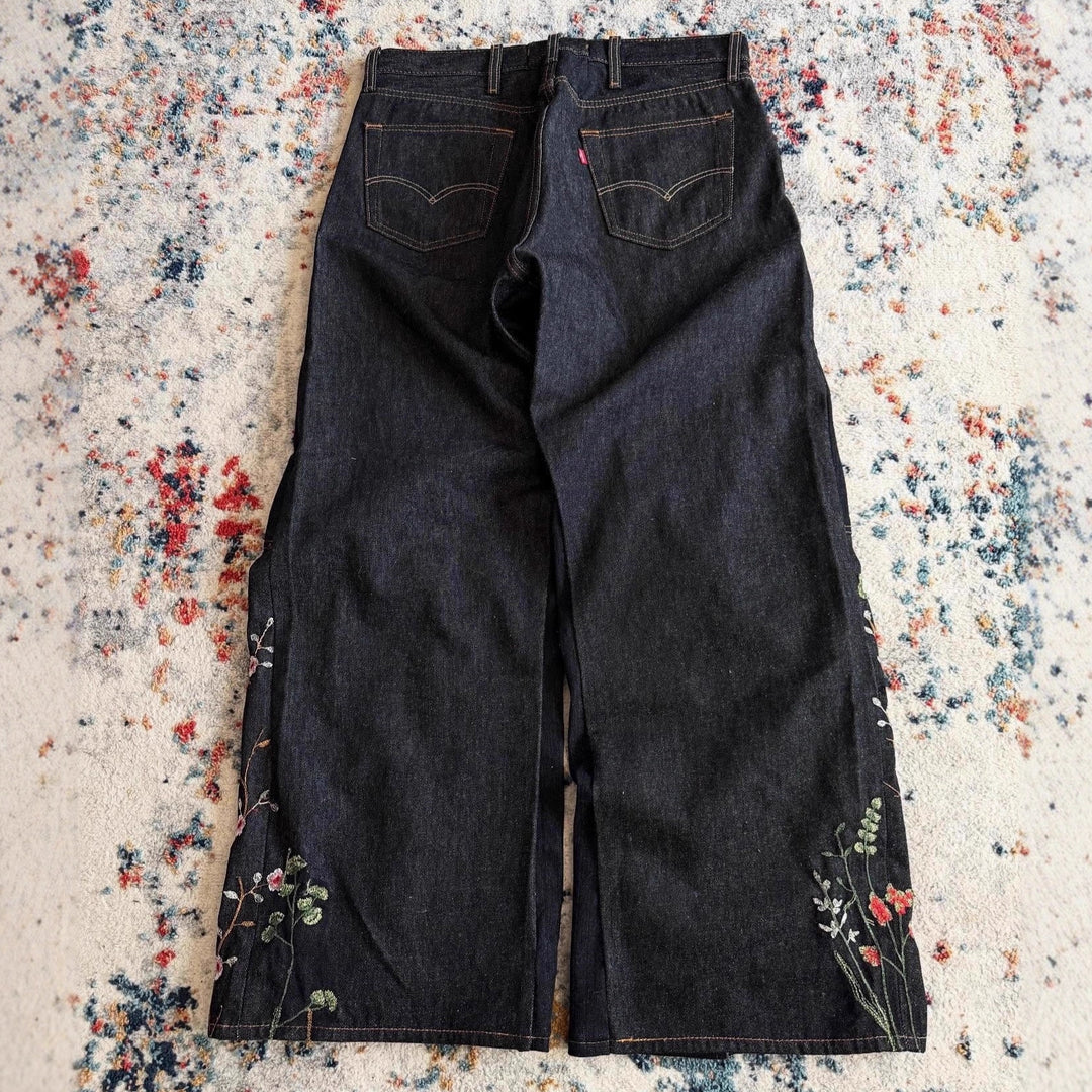 Y2K Loose-Fit Wide-Leg Patchwork Jeans with Floral Embroidery
