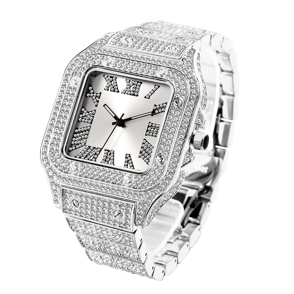 Roman Dial Marker High-End Hip Hop Style Diamond-Studded Square Watch