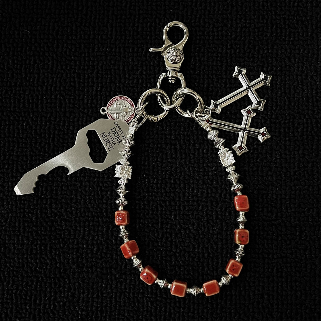 Vintage Blue Ceramic Bead Keychain with Cross Charms