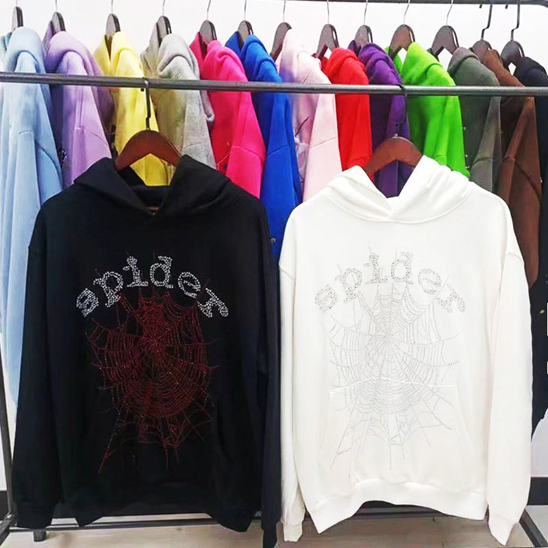 Sp5der fleece-lined hoodie with spiderweb print.