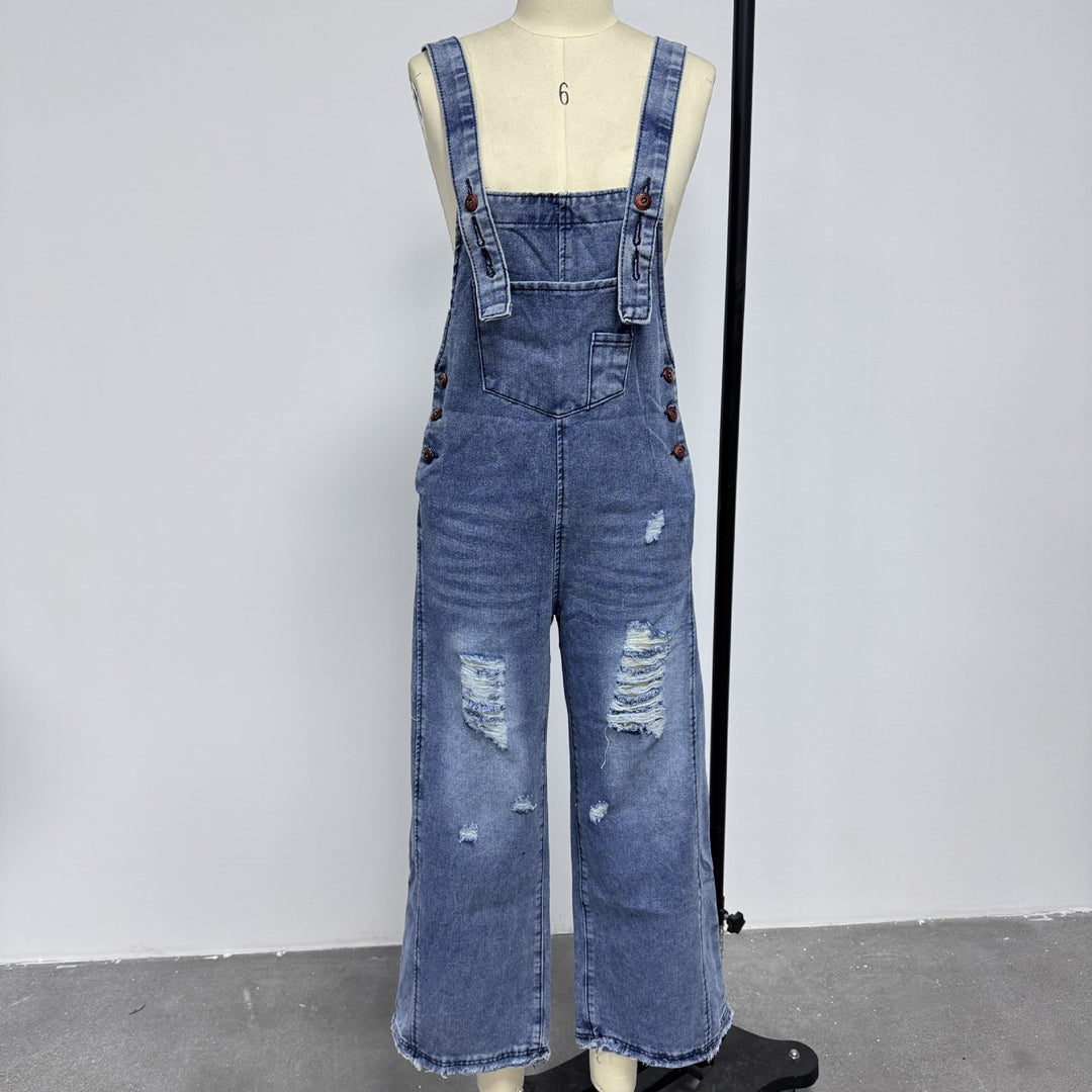 Vintage Distressed Ripped Loose-Fit Wide-Leg Denim Overalls