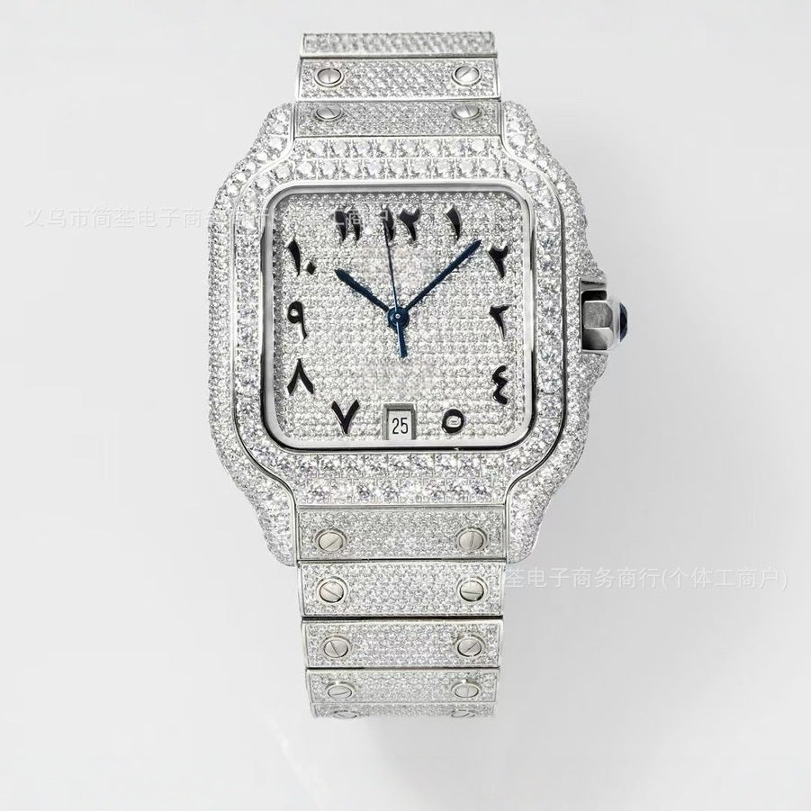 Luxury Diamond-Studded Watch with Classic Roman Dial