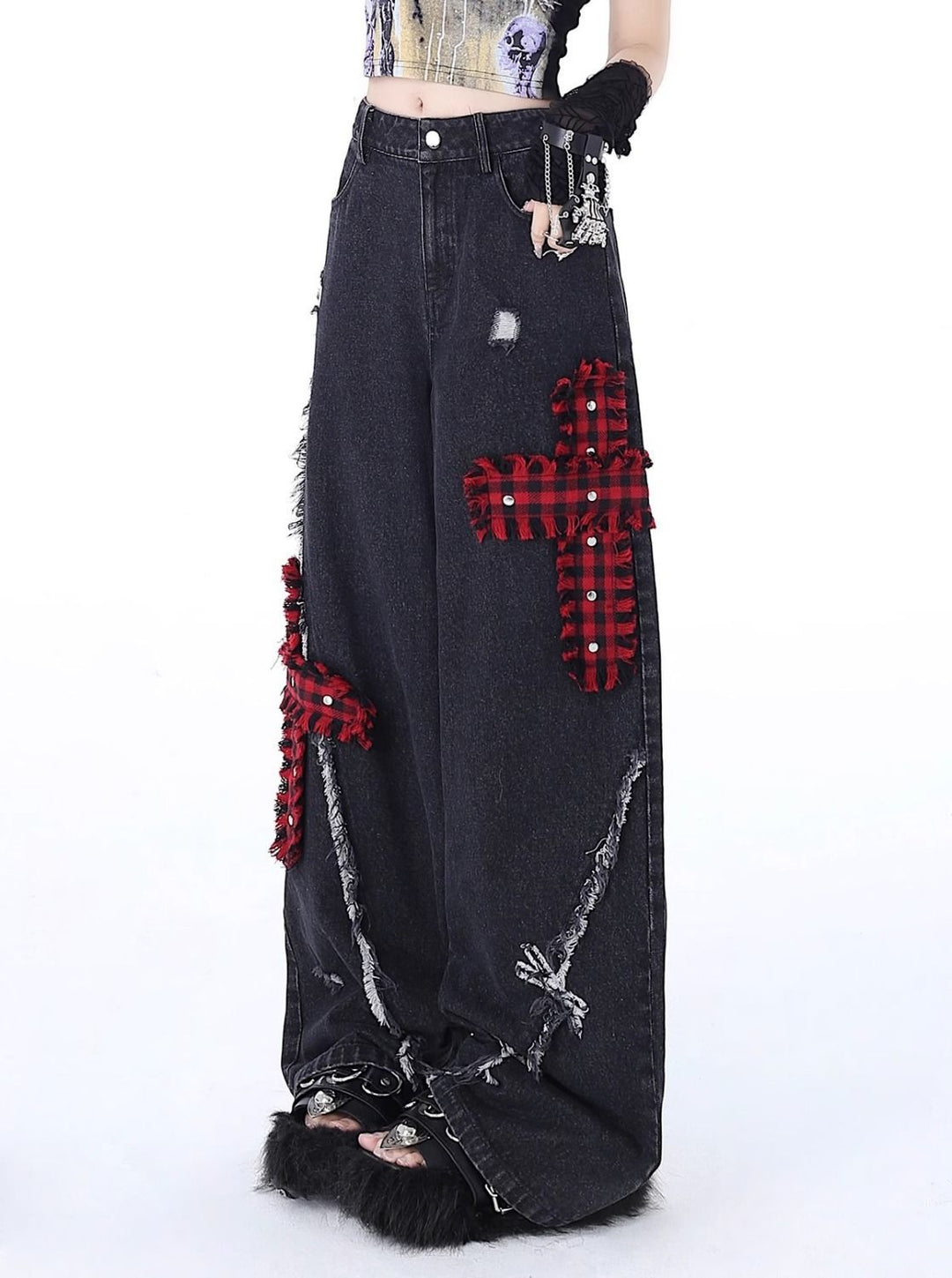 Rock-Punk Distressed Straight-Leg Wide-Leg Jeans
