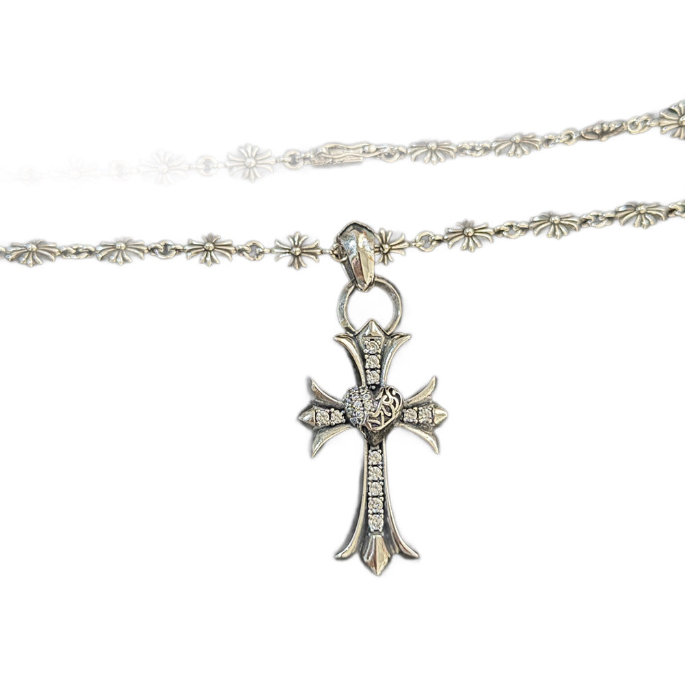 Chrome Hearts white diamond heart-shaped cross pendant