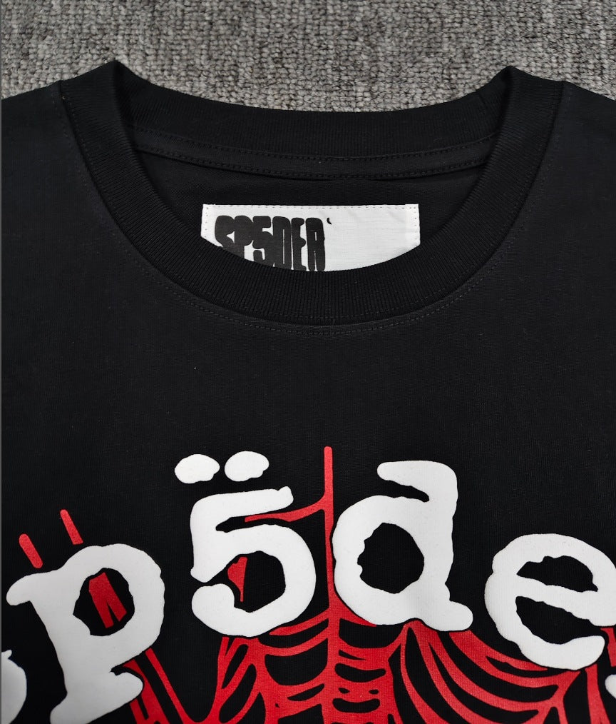Hip-hop SP5der loose-fitting spider web T-shirt with lettering