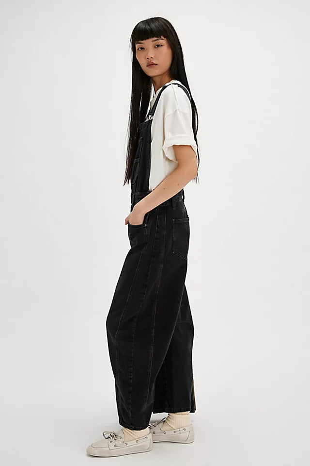 Washed Vintage, Loose-Fit, Straight-Leg Cargo Denim Overalls