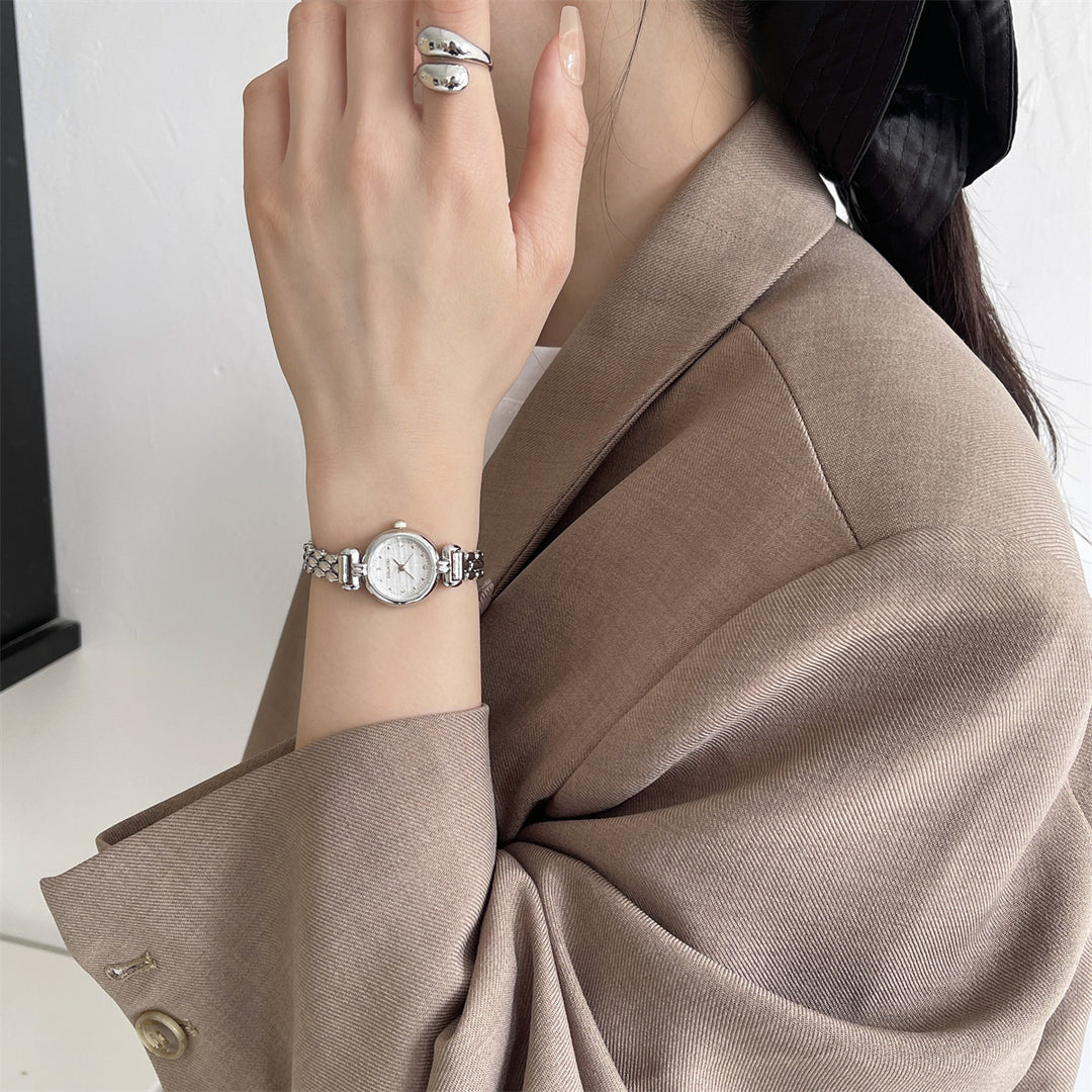 Round Dial Watch with Crystal Accents and Narrow Band