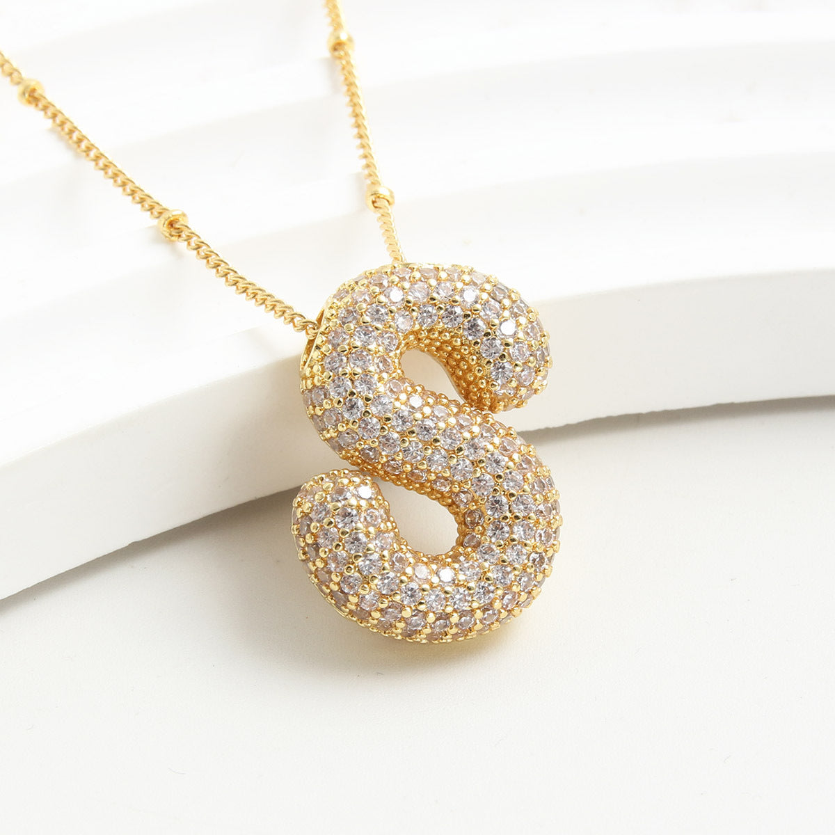 Bubble Initial Necklace 14k Gold Plated Cubic Zirconia