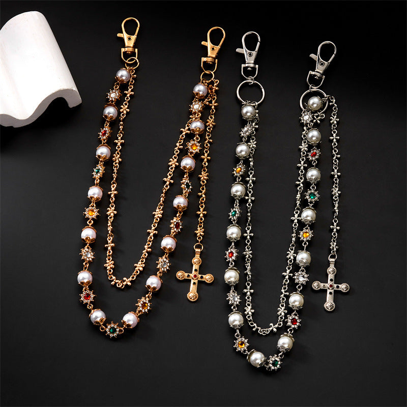 Multi-Color Gemstone, Pearl, and Cross Punk Waist Chain