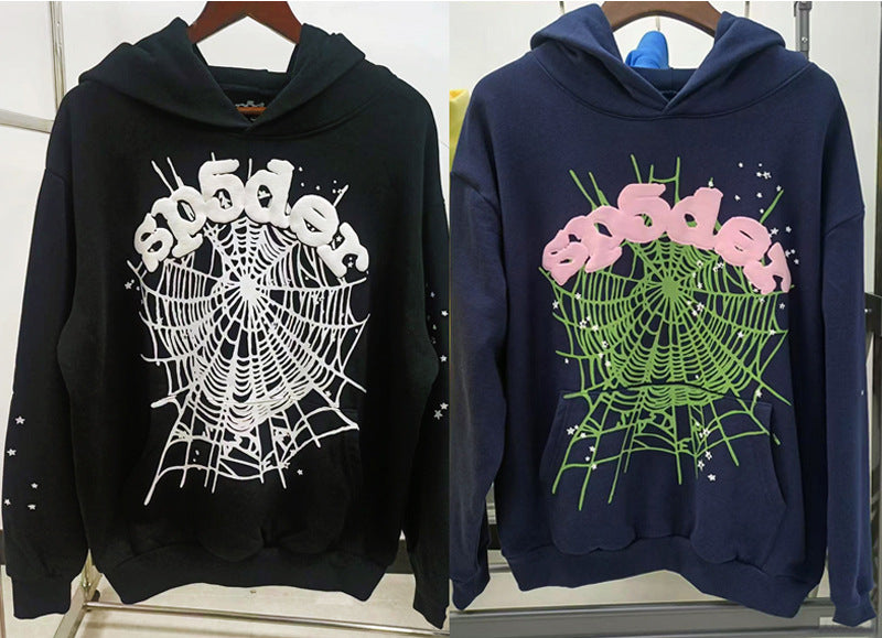 Sp5der fleece-lined hoodie with spiderweb print.