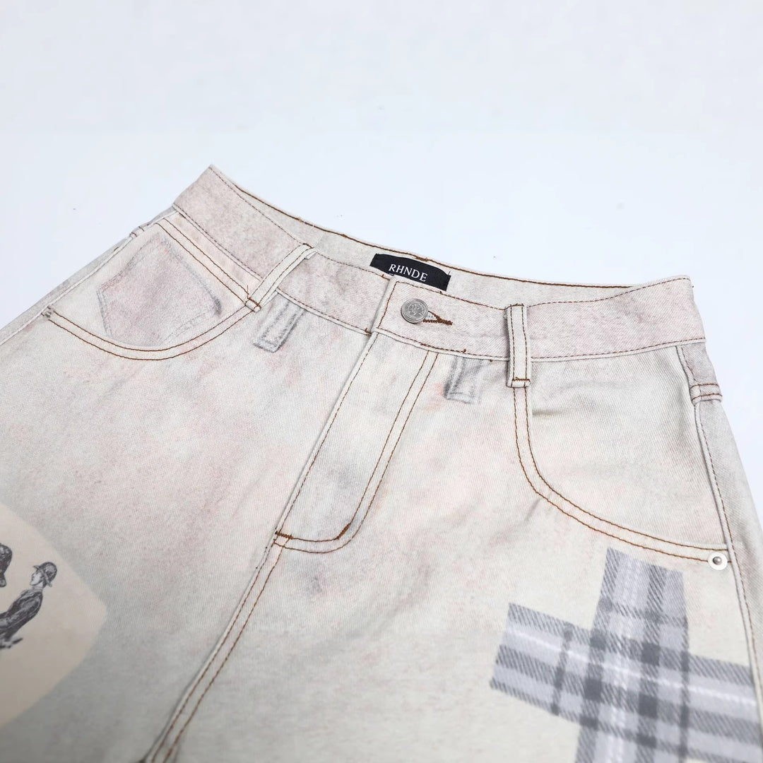 Patchwork Print Curved Blade Loose Fit Jeans