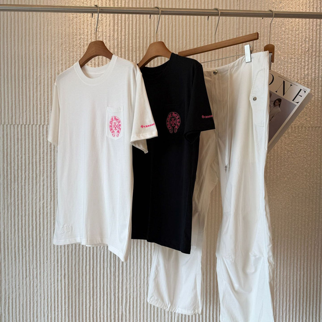 Chrome Hearts Pink Horseshoe Flower Sleeve Print T-Shirt