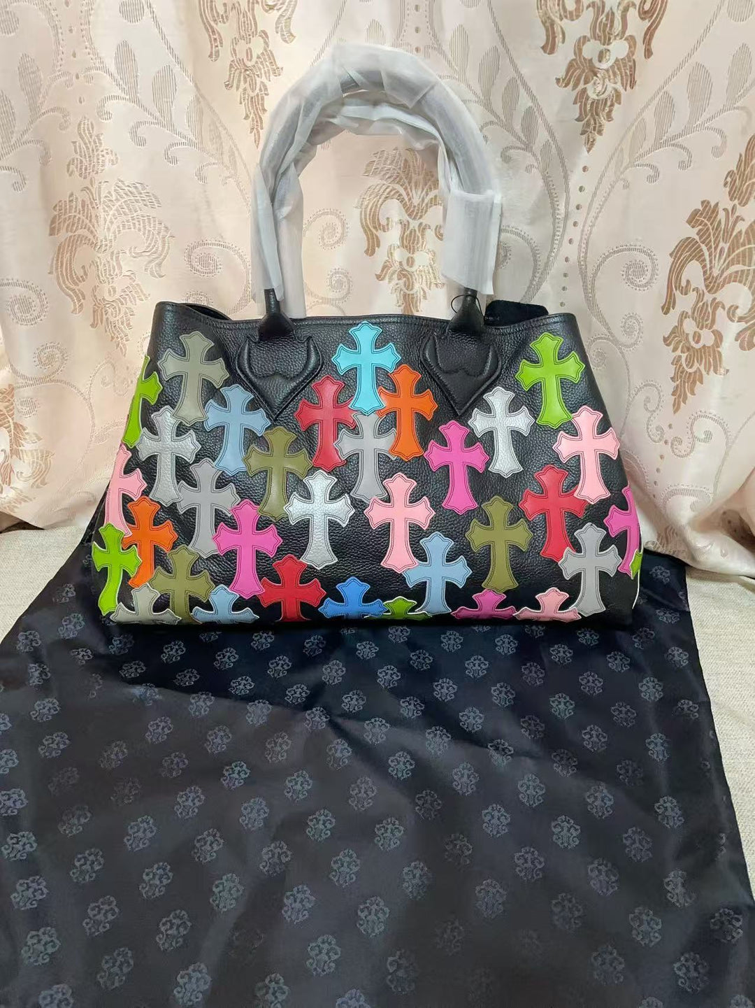 Chrome Hearts Genuine Leather Handbag with Floral Pattern