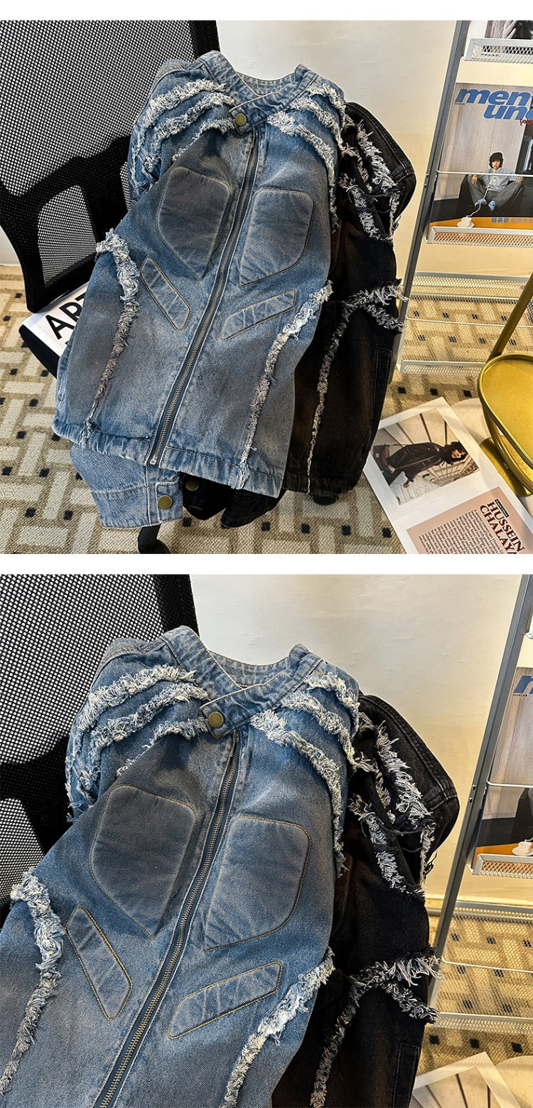 Embossed Raw-Hem Padded-Shoulder Denim Jacket