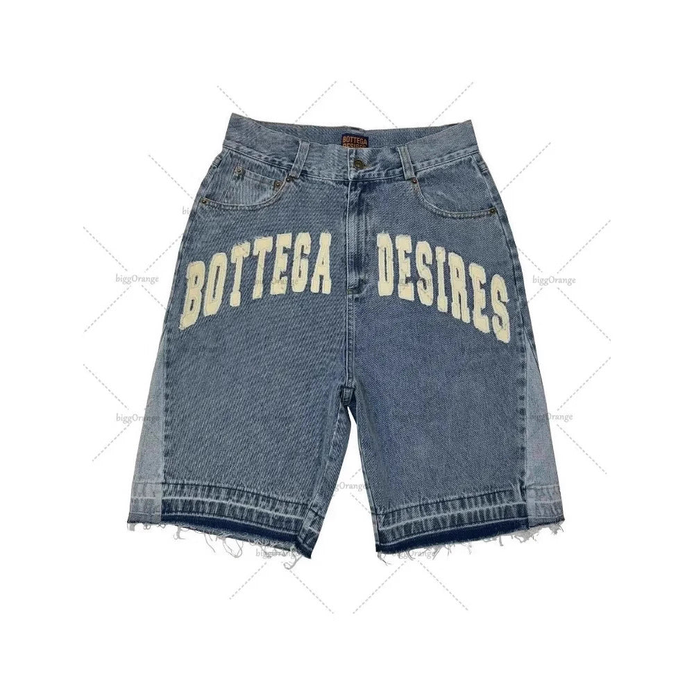 Y2K Embroidered Bone Casual Pants Loose Denim Shorts