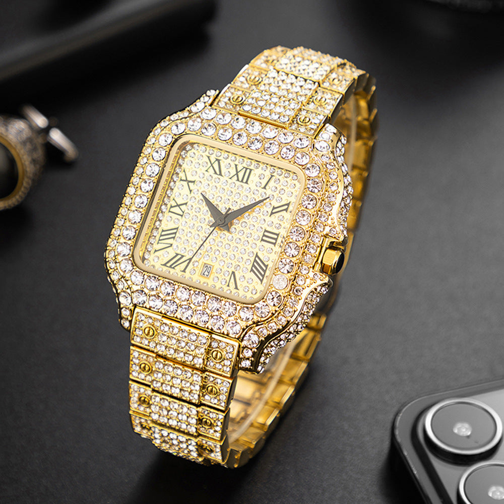 Hip-Hop Square Quartz Watch with Full Diamonds and Roman Markers