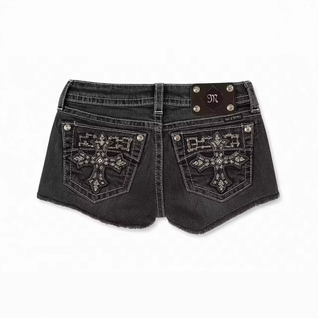 Rhinestone cross pattern embroidered versatile shorts