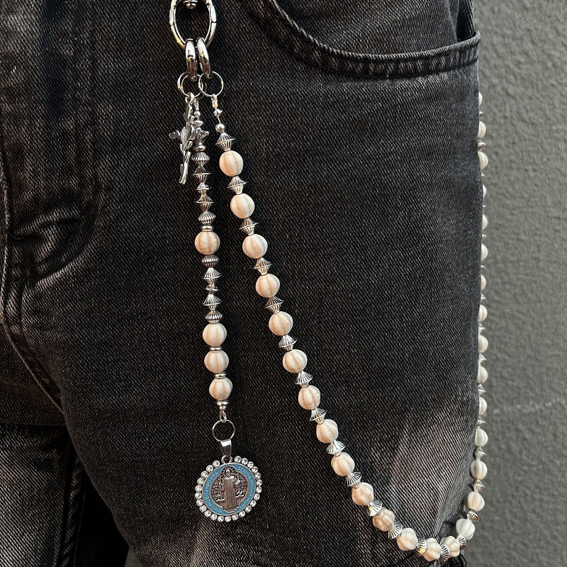 Round White Turquoise Beads with Cross Jesus Design waist chain