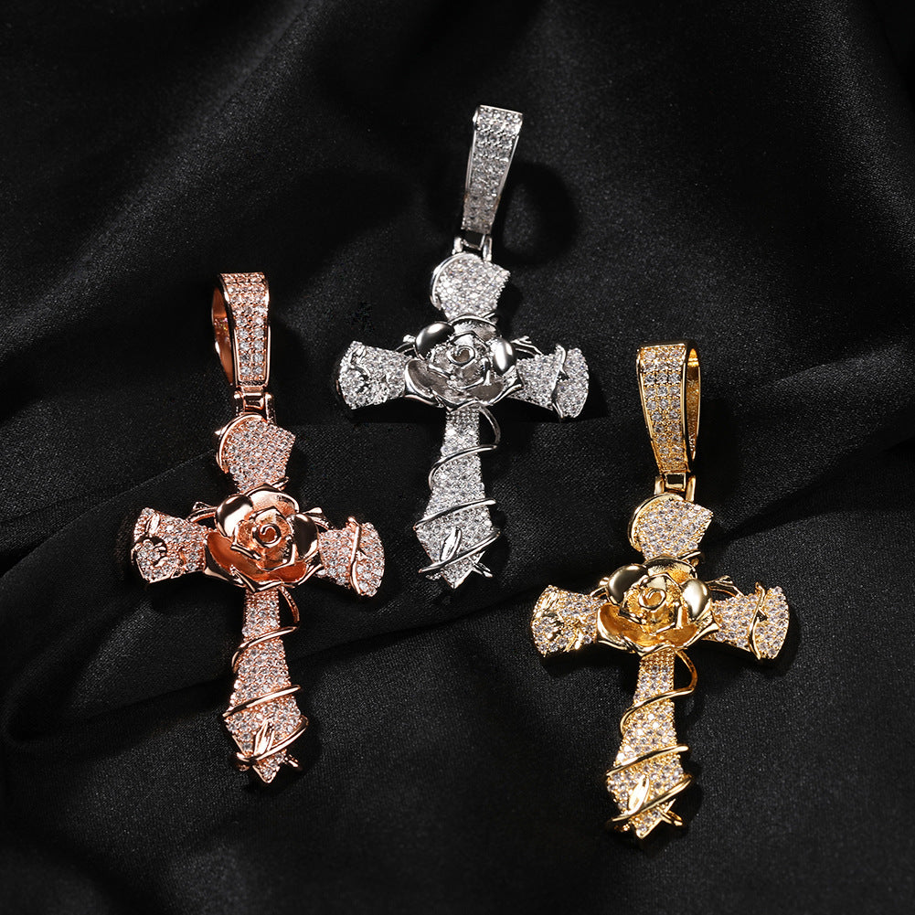 Hip-hop rose cross necklace with 5A zircon inlay