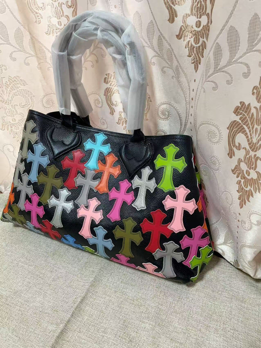 Chrome Hearts Genuine Leather Handbag with Floral Pattern