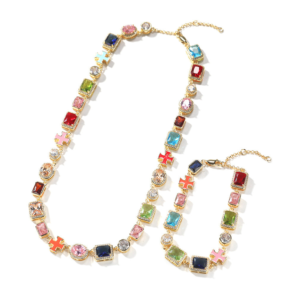 Exquisite diamond-encrusted colored gemstone bracelet and necklace