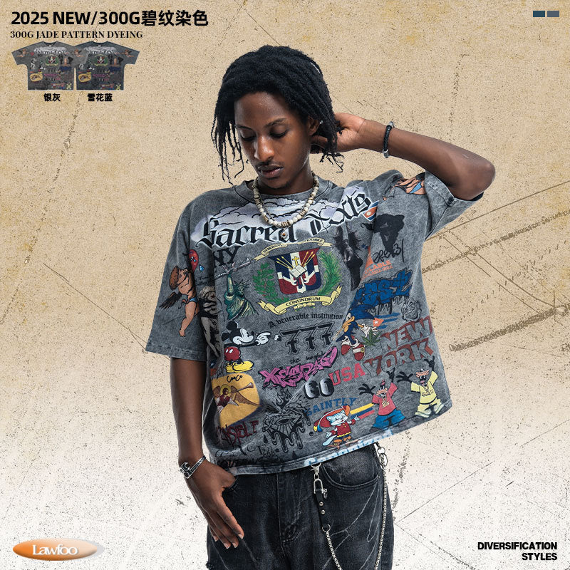 Vintage-Style All-Over Cartoon Print T-Shirt Washed & Distressed