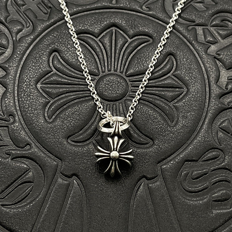 chrome hearts small single ring square cross flower necklace