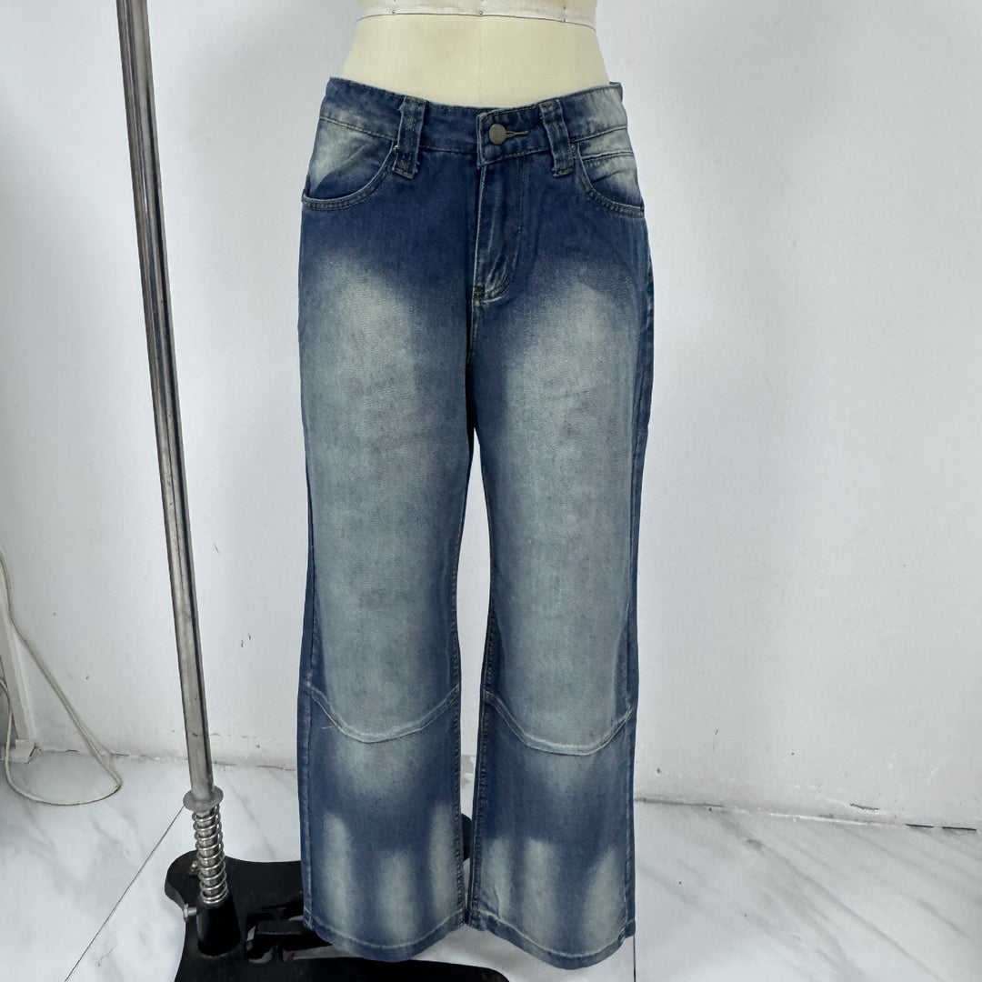 Washed & Distressed Wide-Leg Jeans with Gradient Wing Print
