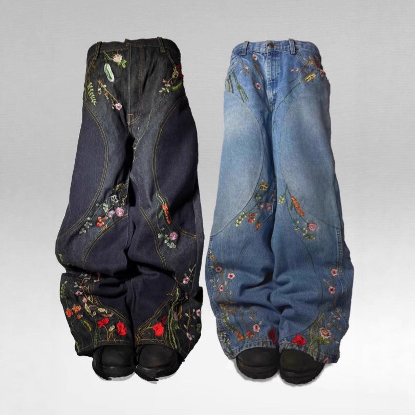 Y2K Loose-Fit Wide-Leg Patchwork Jeans with Floral Embroidery