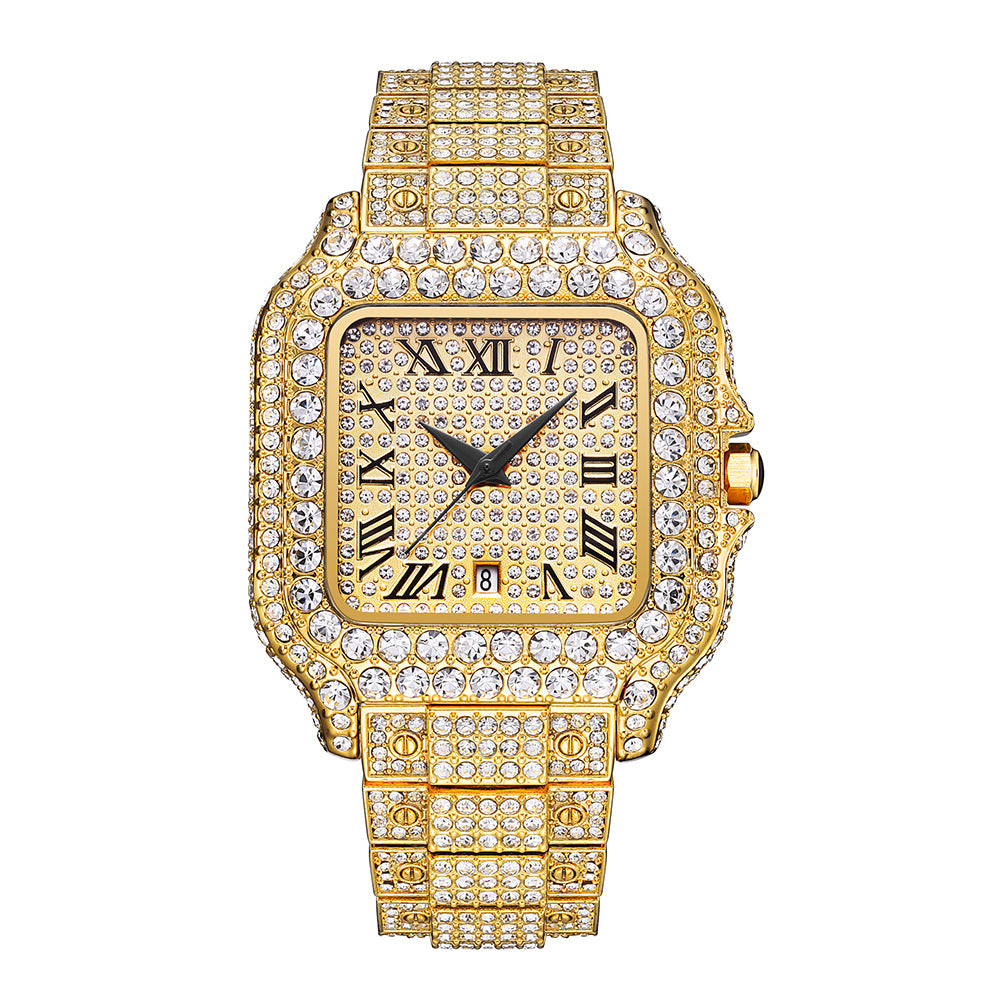 Hip-Hop Square Quartz Watch with Full Diamonds and Roman Markers