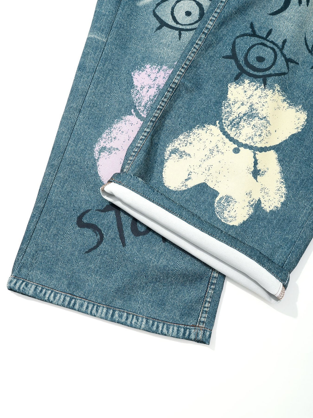 Wide-Leg Denim Jeans with Bear Eyes Print