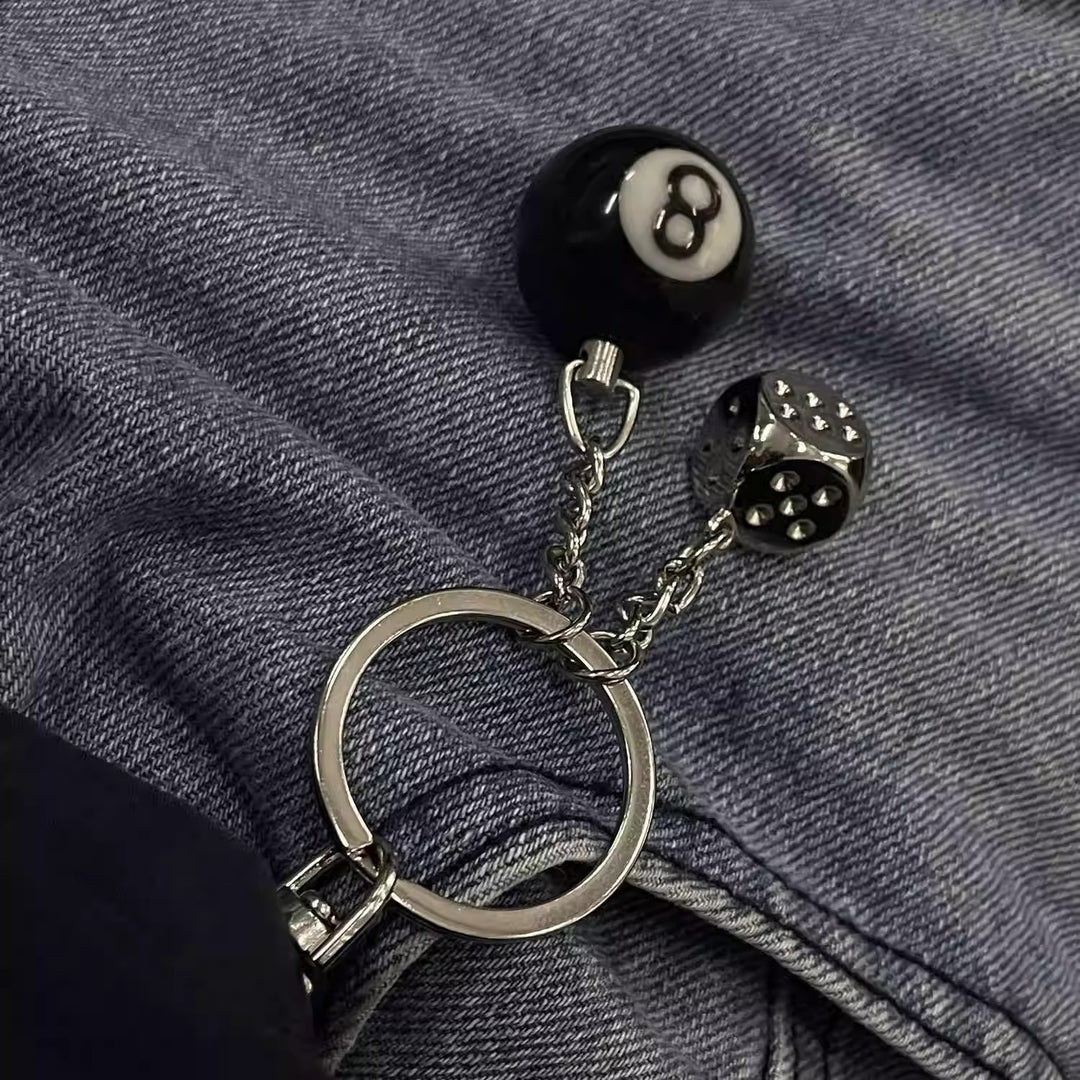 Solid "Black 8" & Silver Dice Keychain