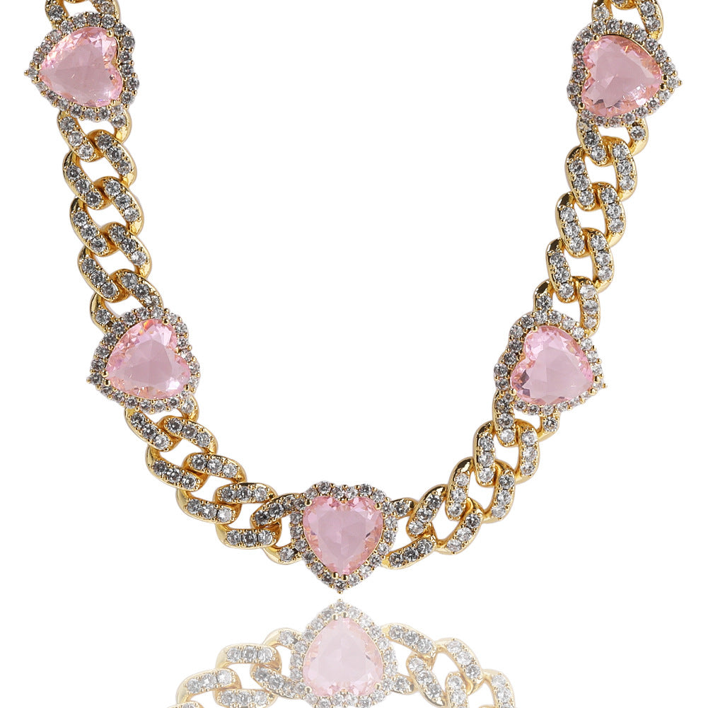 Heart Diamond Necklace Hip Hop 9MM Pink Zircon Cuban Chain