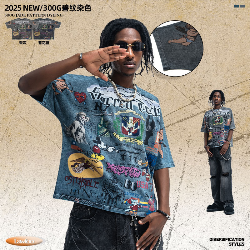 Vintage-Style All-Over Cartoon Print T-Shirt Washed & Distressed