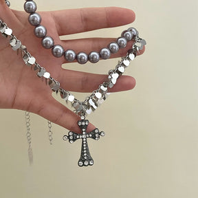 rosary necklace Gray pearl cross necklace