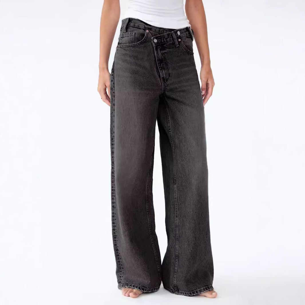 Y2K irregular design straight leg denim jeans for women