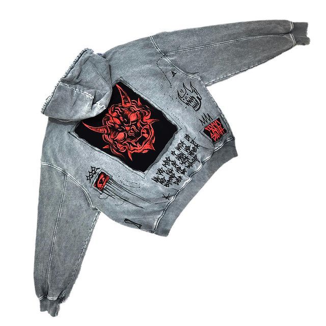 Y2K Retro Hoodie with Devil Print and Appliqué