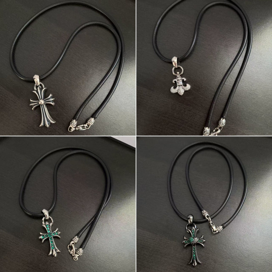 Chrome Hearts Dark Style Anchor and Cross Leather Cord Necklace
