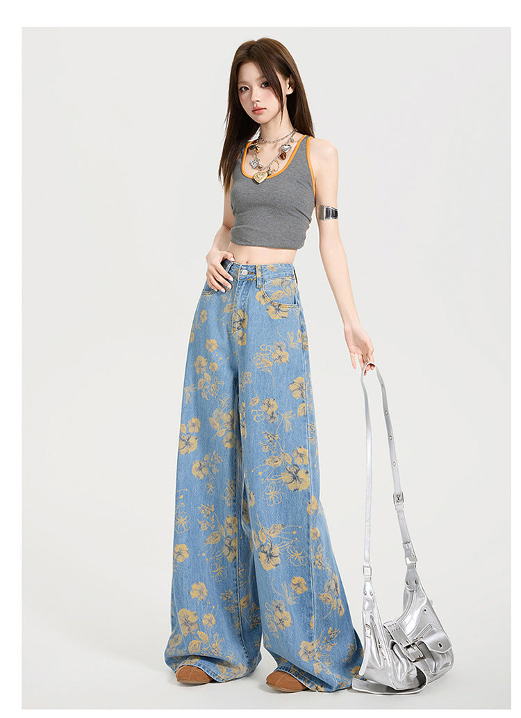 Y2K Floral Print Loose-Fit Flared Denim Trousers