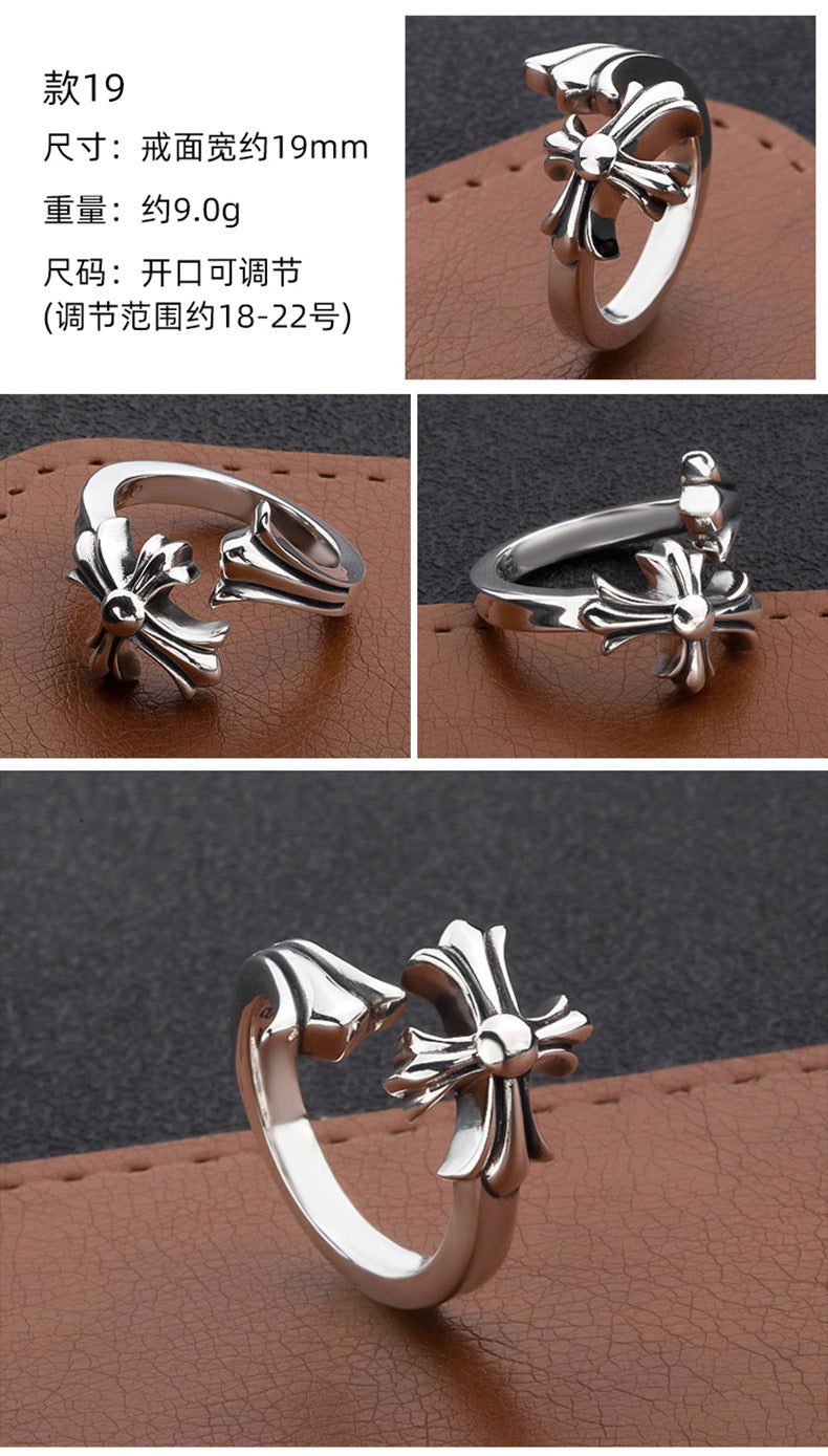 S925 sterling silver chrome hearts cross flower retro open ring