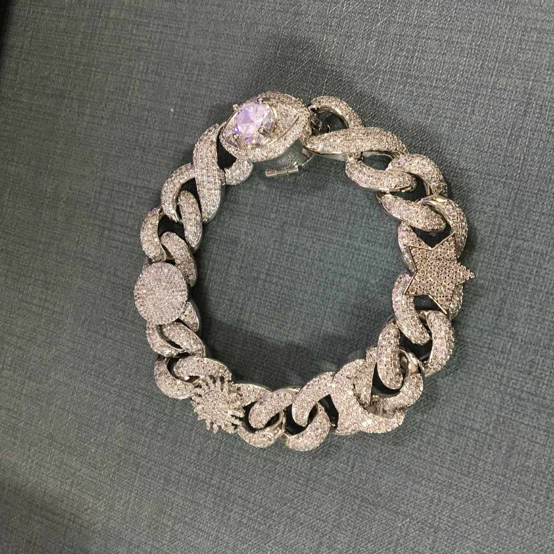 Hip-hop zircon-encrusted sun, star and eye necklace