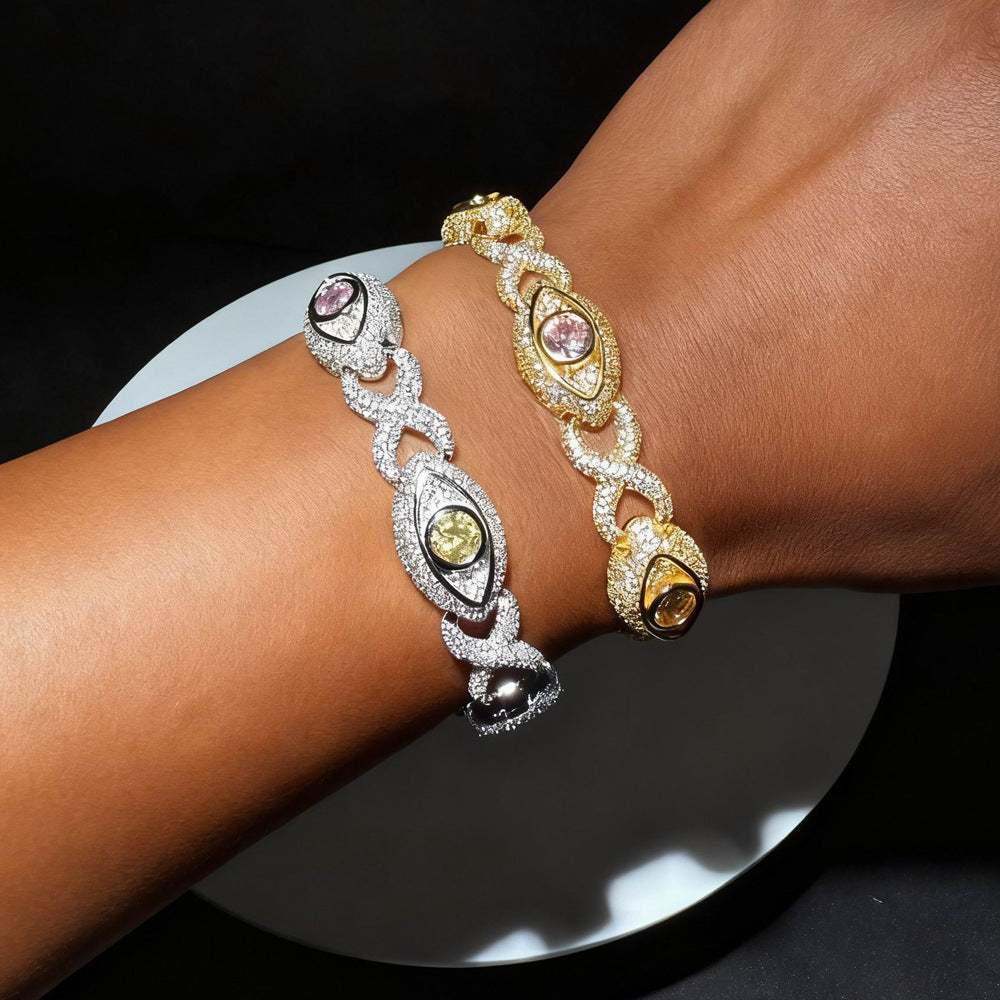 Eye-themed infinity bracelet with colored zircon, figure-eight chain