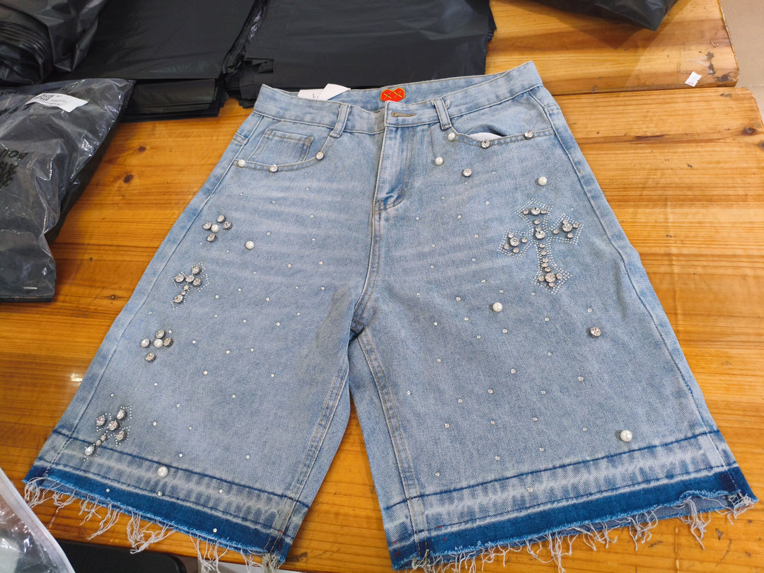Hot-rhine cross five-point washed denim shorts