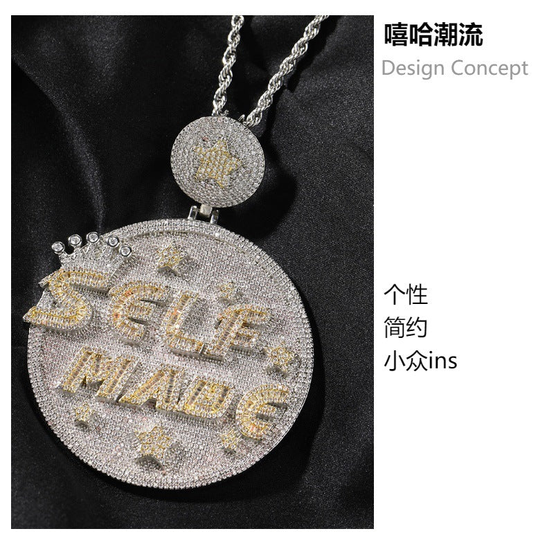 Self made hip-hop large diamond-encrusted disc necklace
