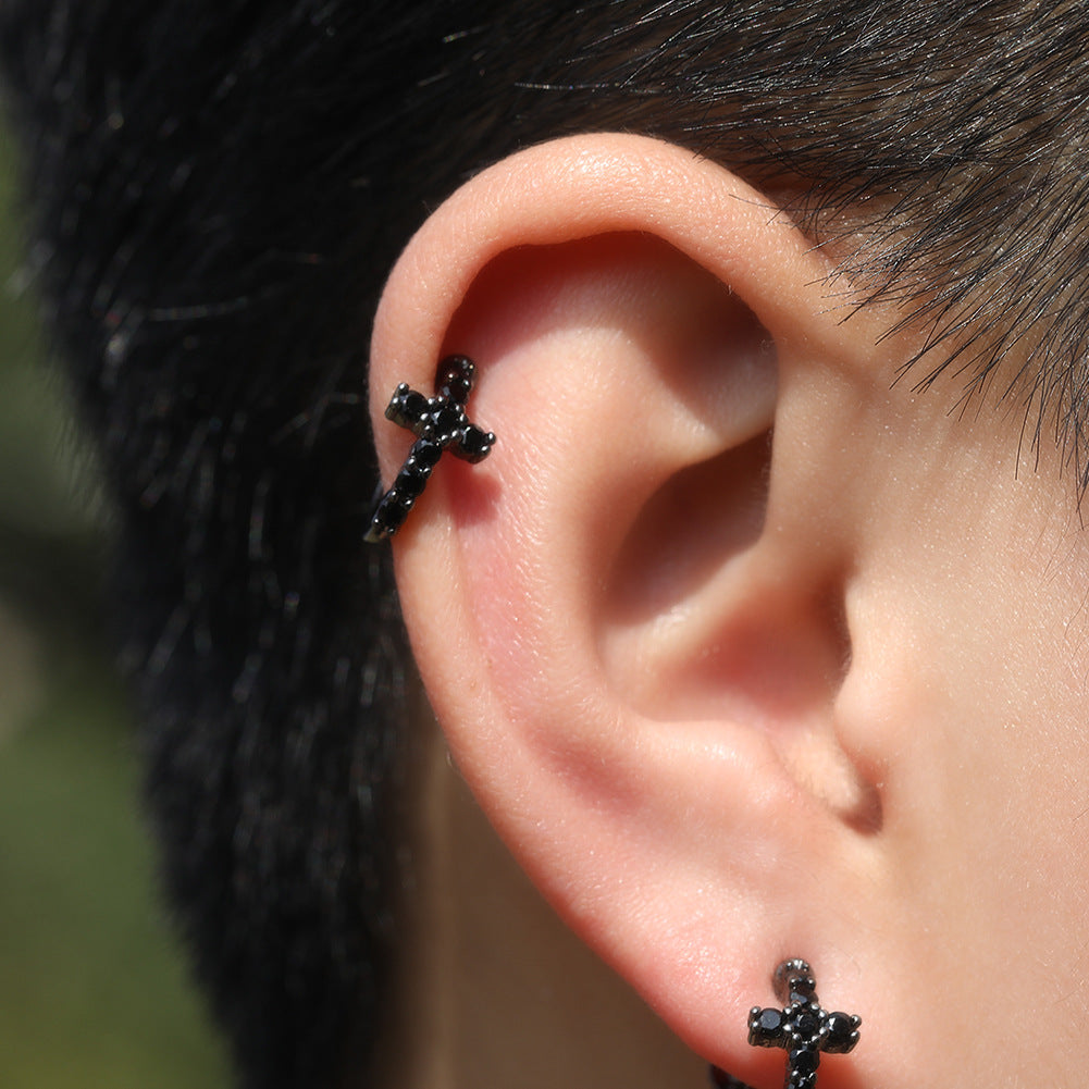 Hip Hop Zircon Black Spiral Clasp Cross Earrings