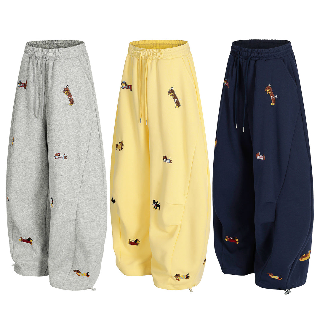 Cartoon Dog Print Straight-Leg Trousers Curved-Cut Casual Pants