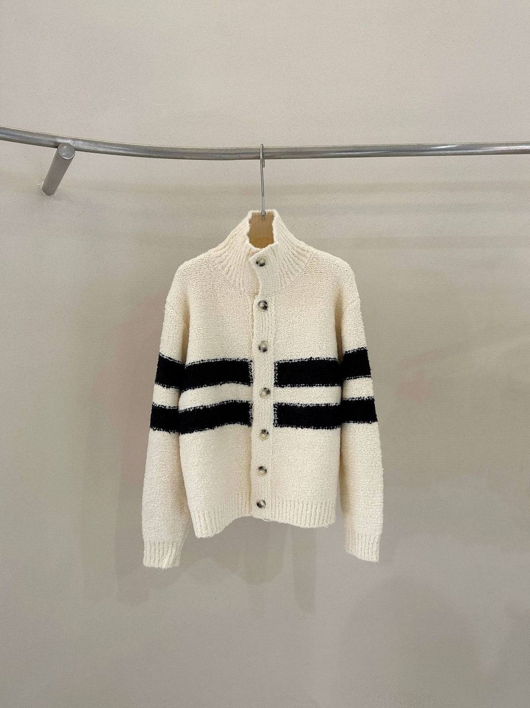 Knitted Cardigan & Color-Block Striped Faux Lambswool Shorts Set