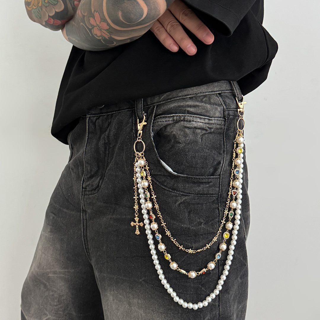 Pearl, Multi-Gemstone, Cross & Floral Pant Chain