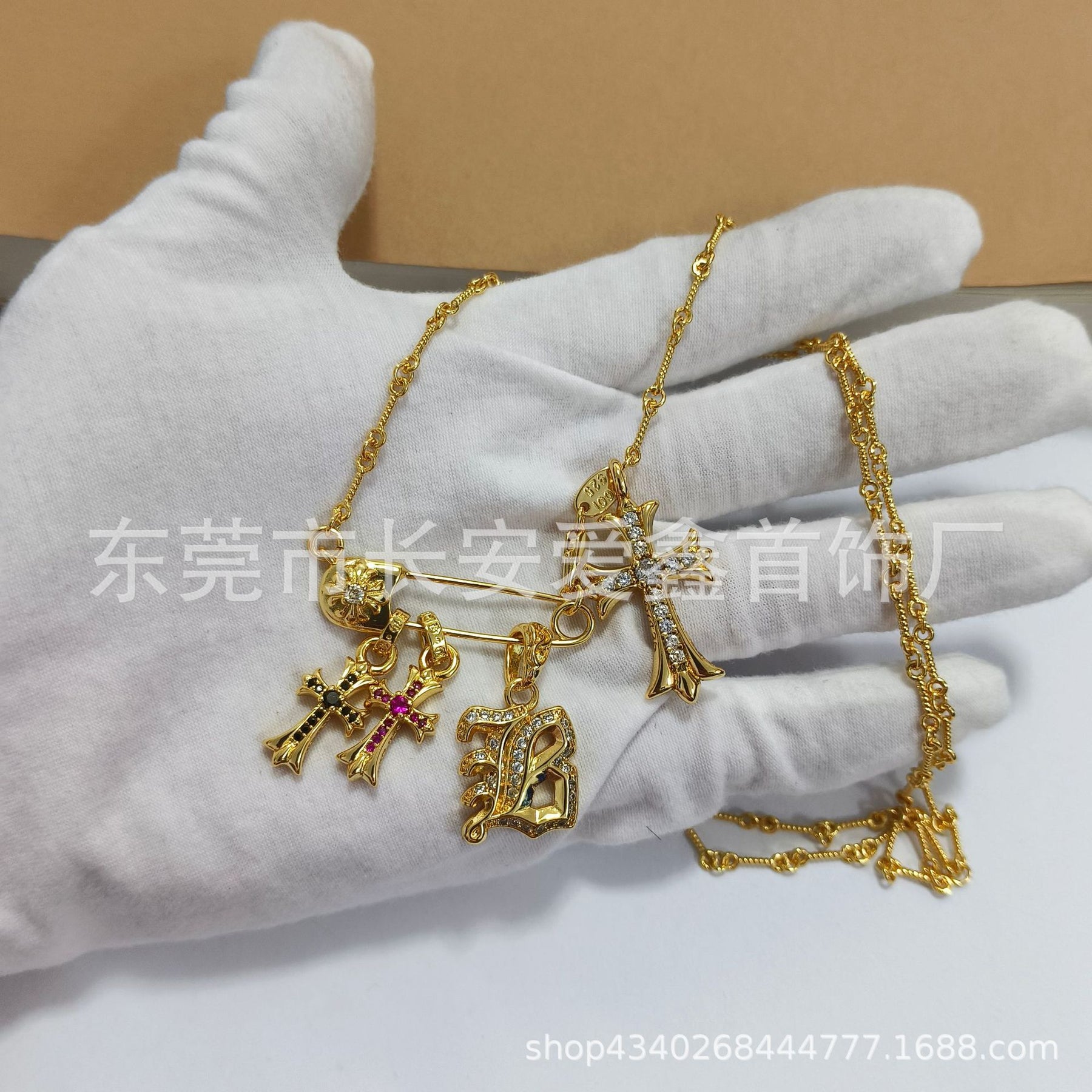 Chrome Hearts Gold Diamond Cross Flame Brooch Necklace